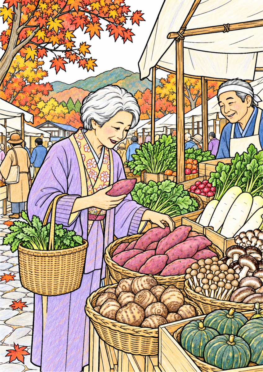 秋の朝市で野菜を選ぶを落ち着いた秋色で塗った高齢者向け塗り絵の着色見本