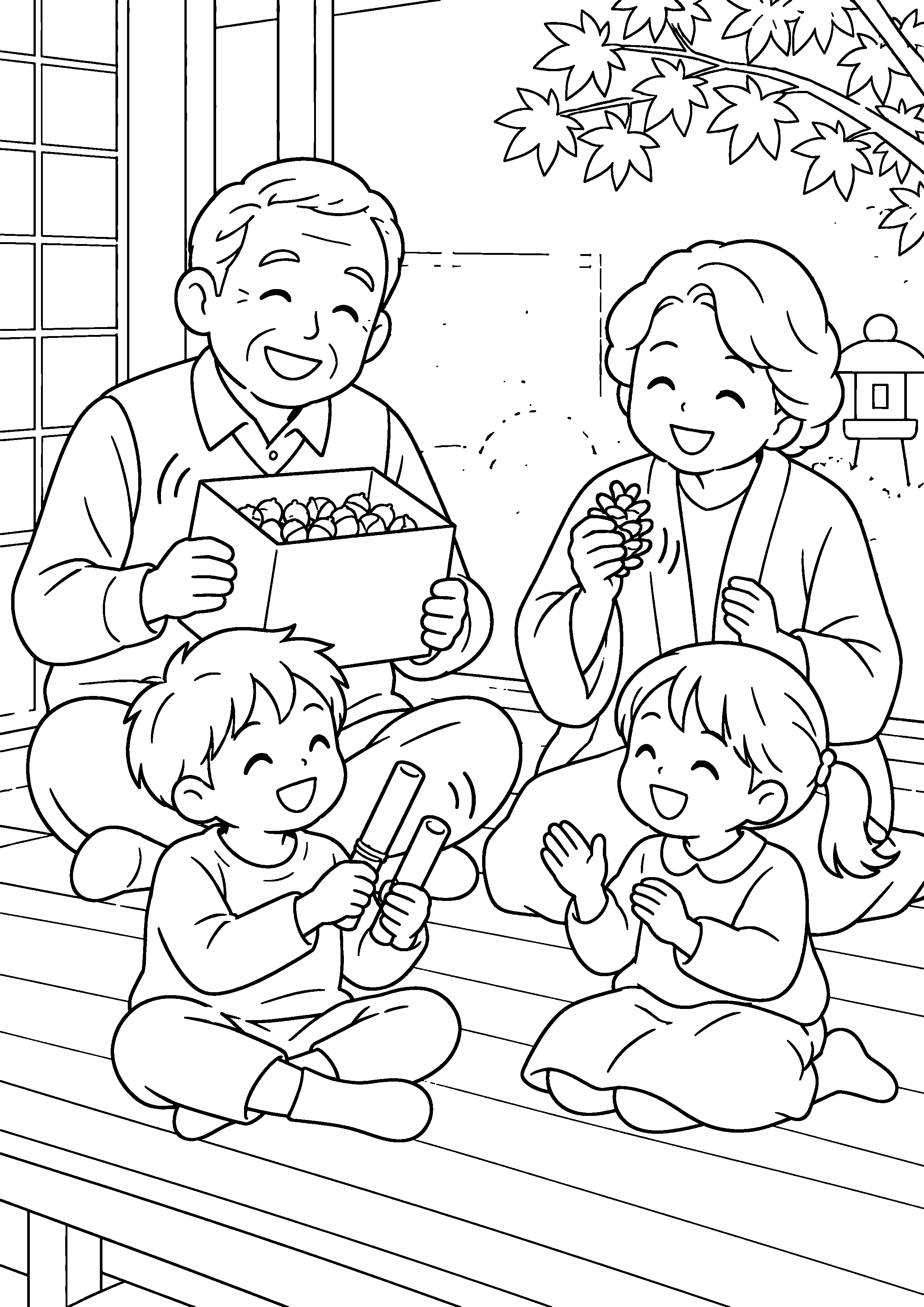 昭和の縁側で、祖父母と子どもたちが木の実入りの箱や竹の拍子木を鳴らし、小さな音楽会をしている様子を、太く見やすい黒線で描いた高齢者向け塗り絵