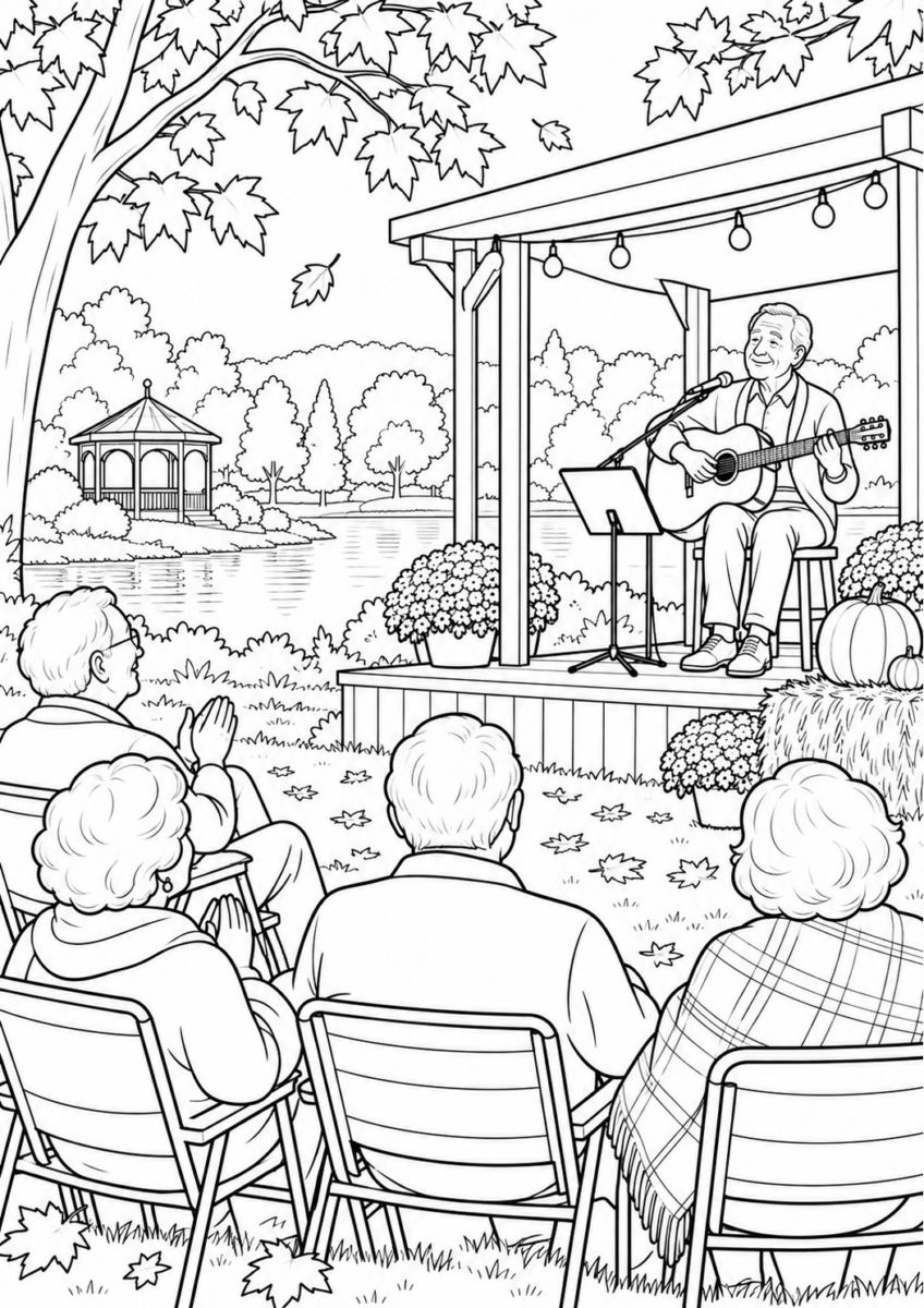 秋の野外音楽会を10月の場面として描いた高齢者向けの白黒線画塗り絵