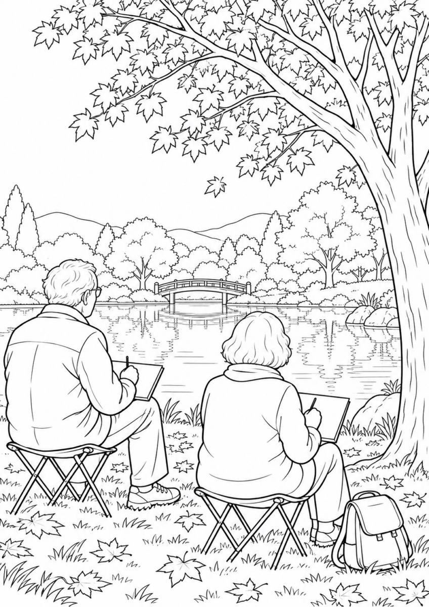 秋の公園で写生を10月の場面として描いた高齢者向けの白黒線画塗り絵