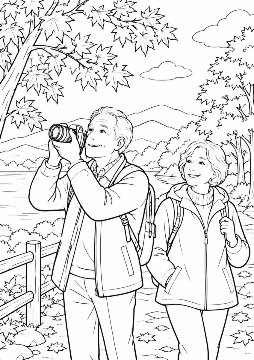 秋の写真散歩を10月の場面として描いた高齢者向けの白黒線画塗り絵