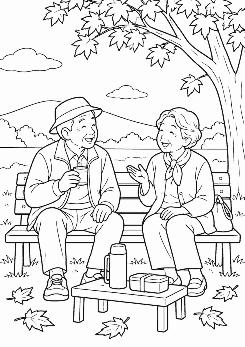 【10月】高齢者が楽しむ秋のピクニックの塗り絵