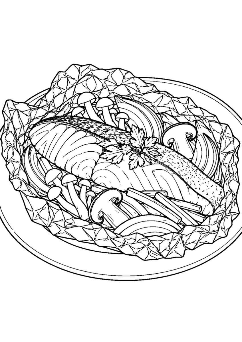 秋鮭のホイル焼きを10月の場面として描いた高齢者向けの白黒線画塗り絵