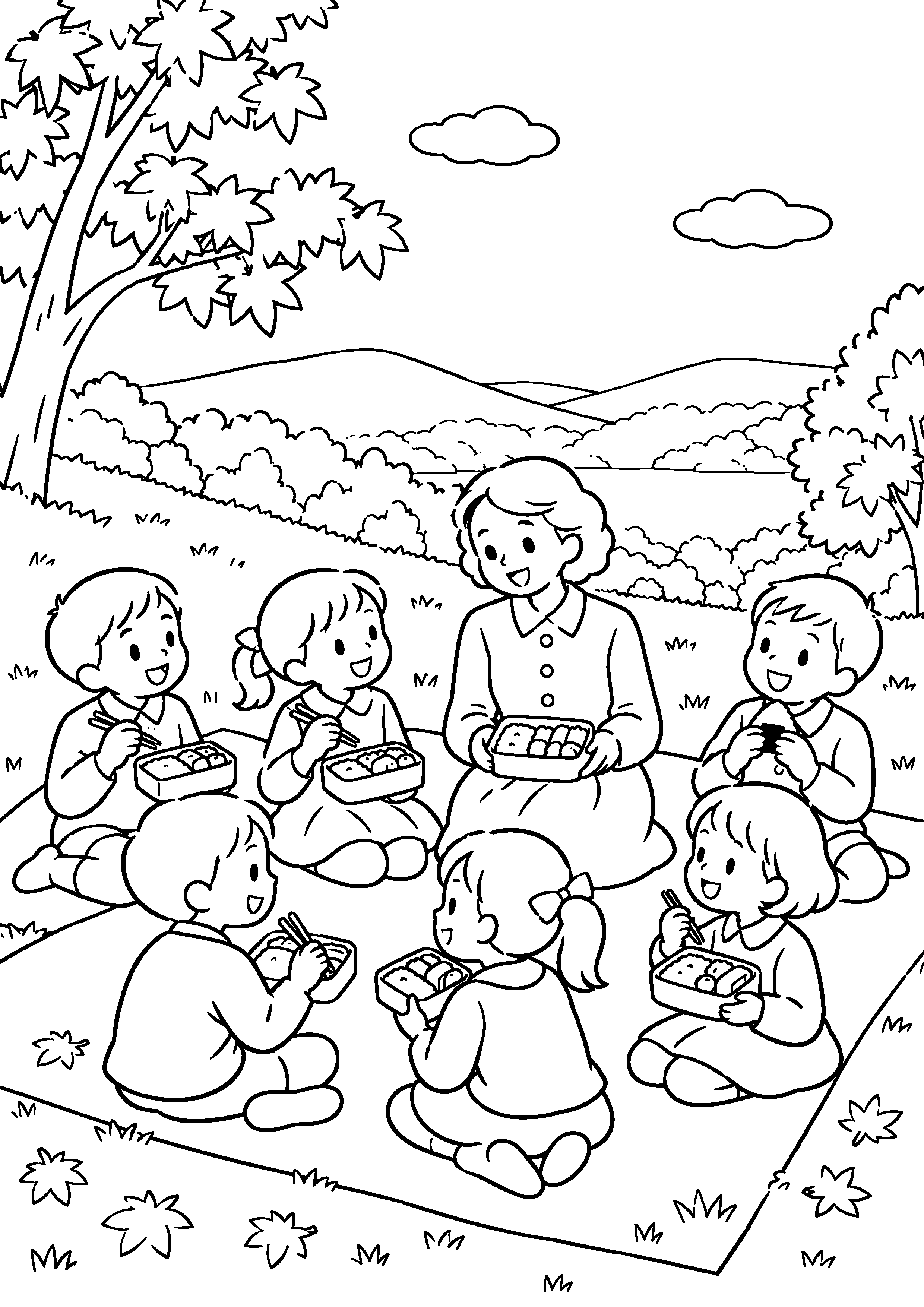 紅葉した丘で、昭和の小学生たちが先生と一緒にござを広げ、弁当箱を開いている様子を、太く見やすい黒線で描いた高齢者向け塗り絵