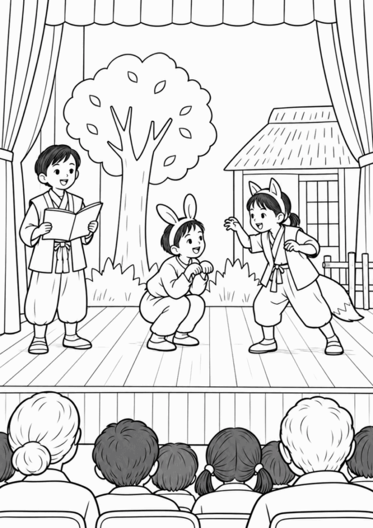 昔の小学校の学芸会で劇をする三人の子どもの白黒線画塗り絵