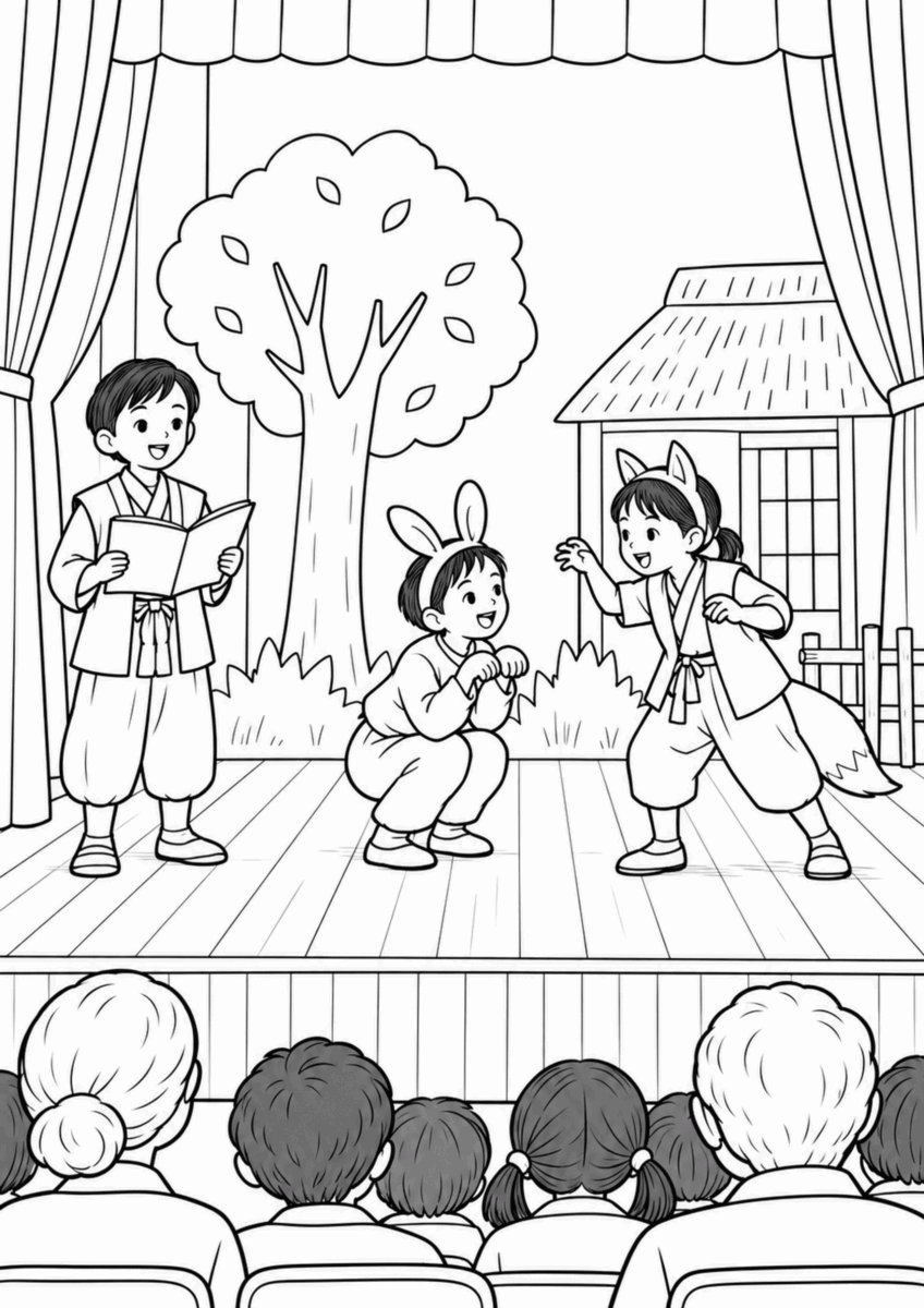昔の小学校の学芸会で劇をする三人の子どもの白黒線画塗り絵