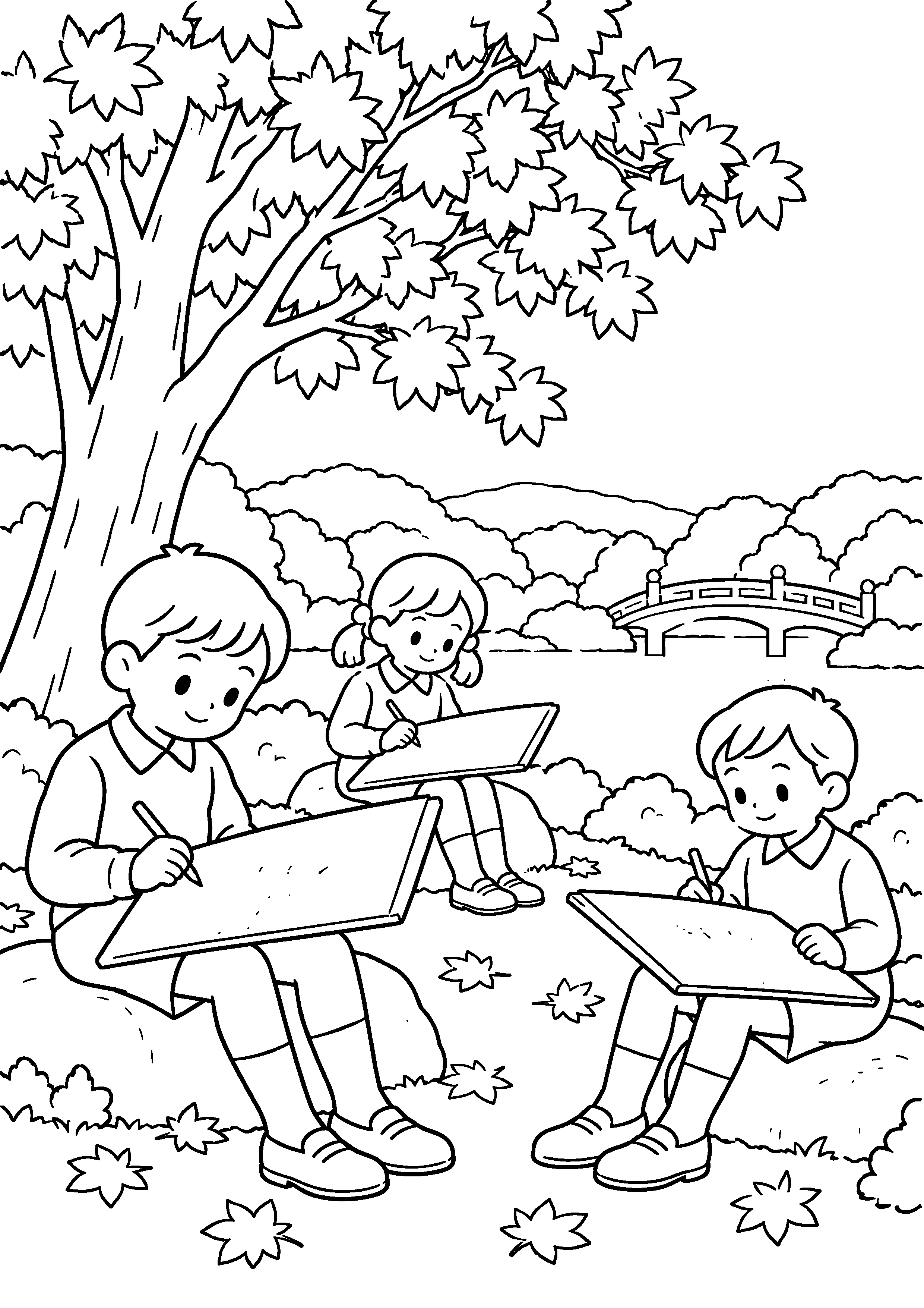 紅葉した公園で、昭和の子どもたちが画板と大きな画用紙を膝に置き、木を描いている様子を、太く見やすい黒線で描いた高齢者向け塗り絵