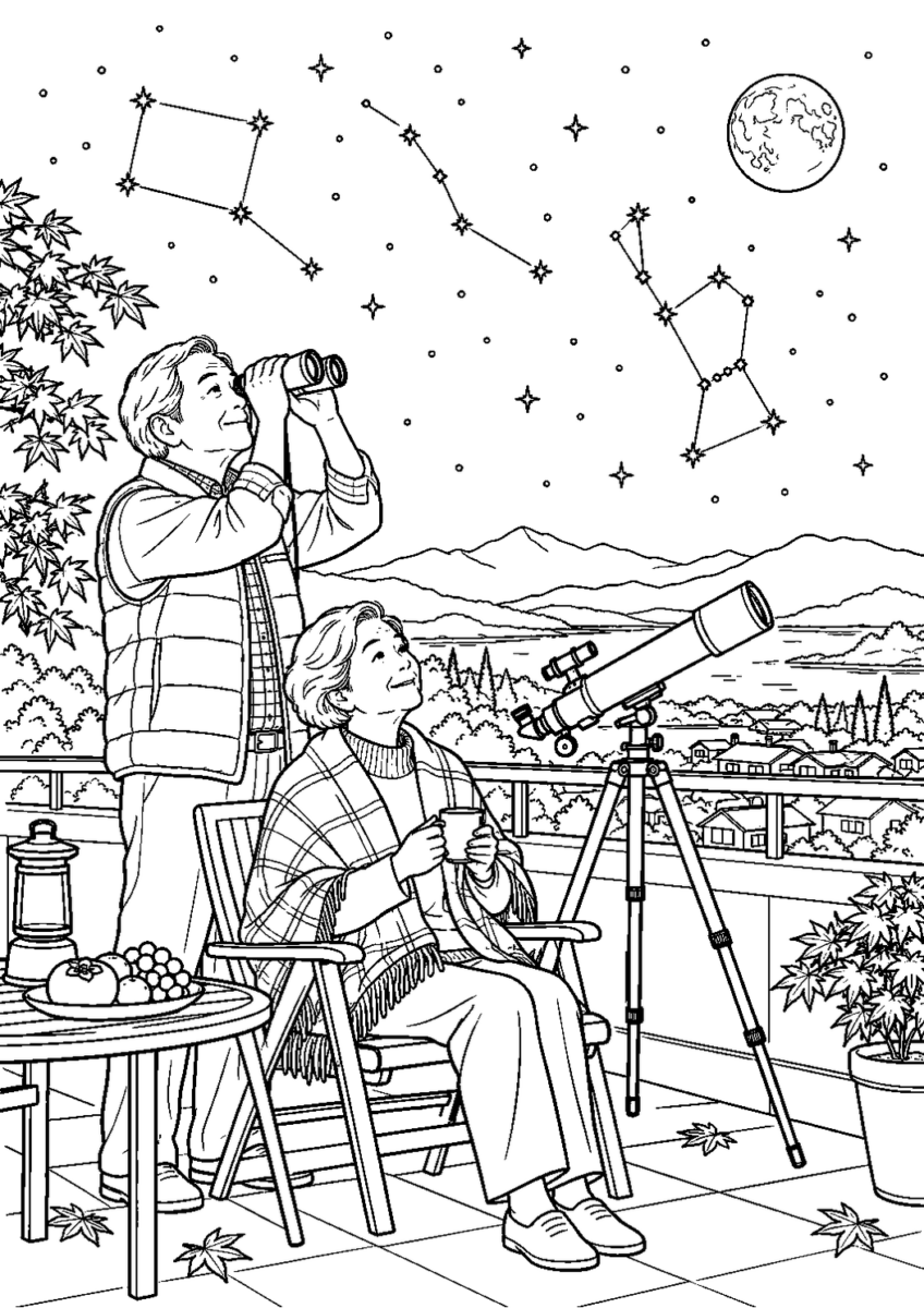 秋の星座観察を10月の場面として描いた高齢者向けの白黒線画塗り絵