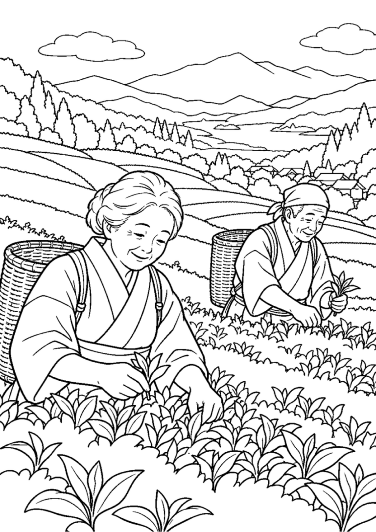 秋茶の茶摘みを10月の場面として描いた高齢者向けの白黒線画塗り絵