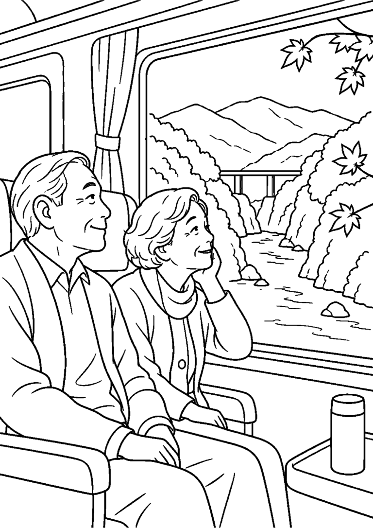 ローカル列車の窓から紅葉の渓谷を眺める高齢者向けの白黒塗り絵
