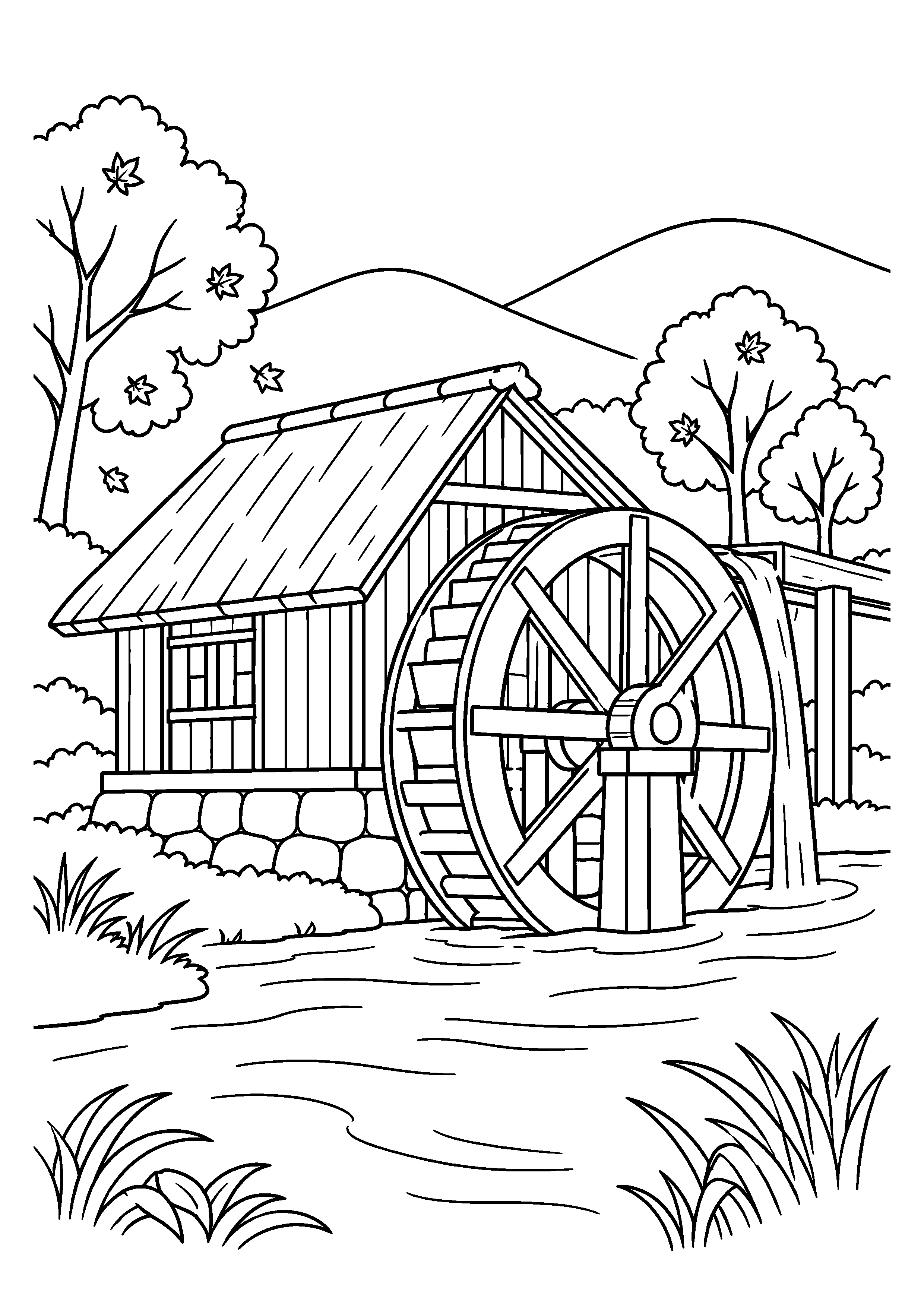 【11月】里山と水車小屋の塗り絵