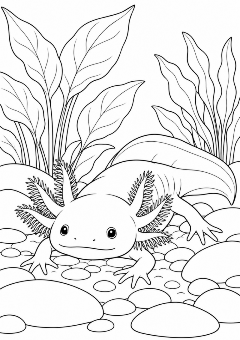 水槽のウーパールーパーを描いた高齢者向けの白黒線画塗り絵