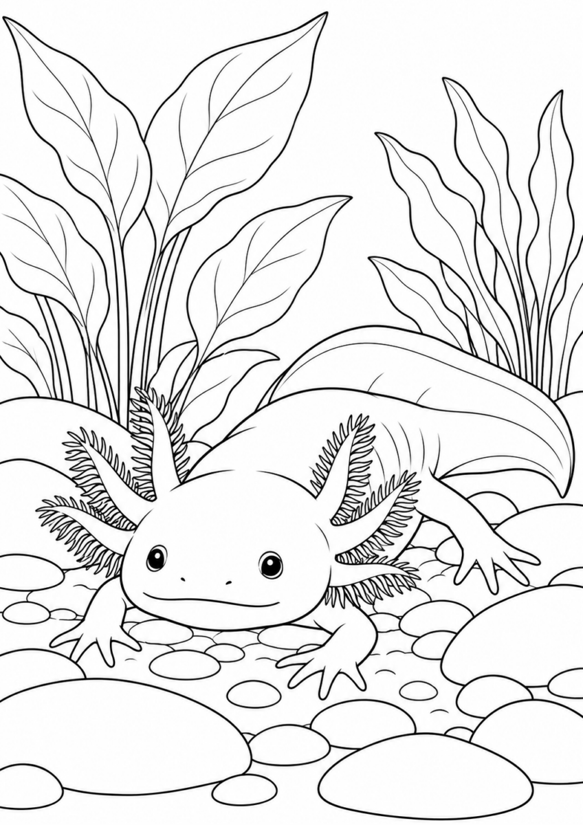 水槽のウーパールーパーを描いた高齢者向けの白黒線画塗り絵