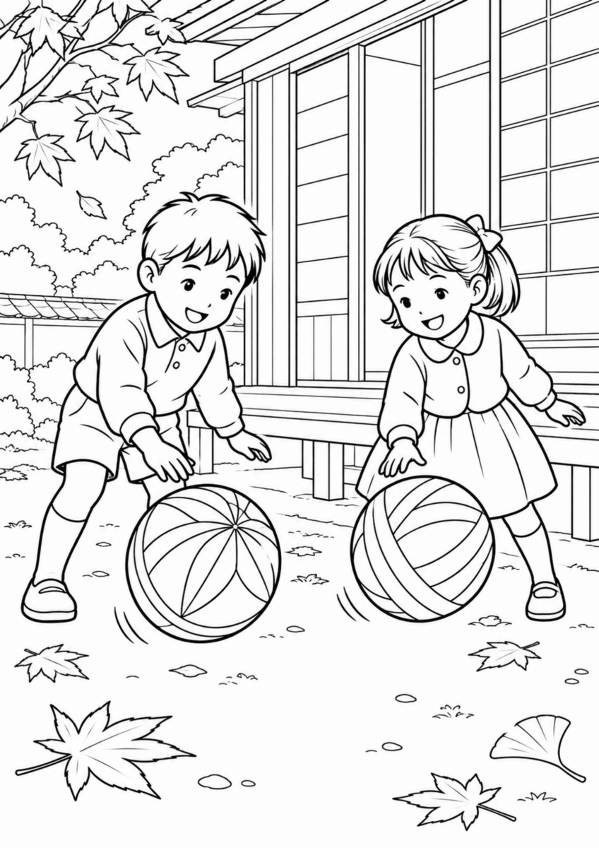 縁側の前で、二人の子どもが一つずつ大きなまりを手でつき、歌に合わせて遊んでいる様子を、太く見やすい黒線で描いた高齢者向け塗り絵