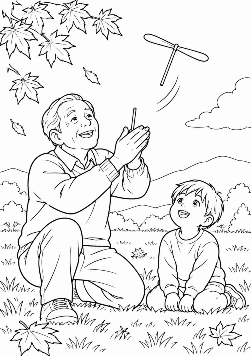 秋の原っぱで、祖父が両手で竹とんぼの軸を回し、孫が空を見上げている様子を、太く見やすい黒線で描いた高齢者向け塗り絵