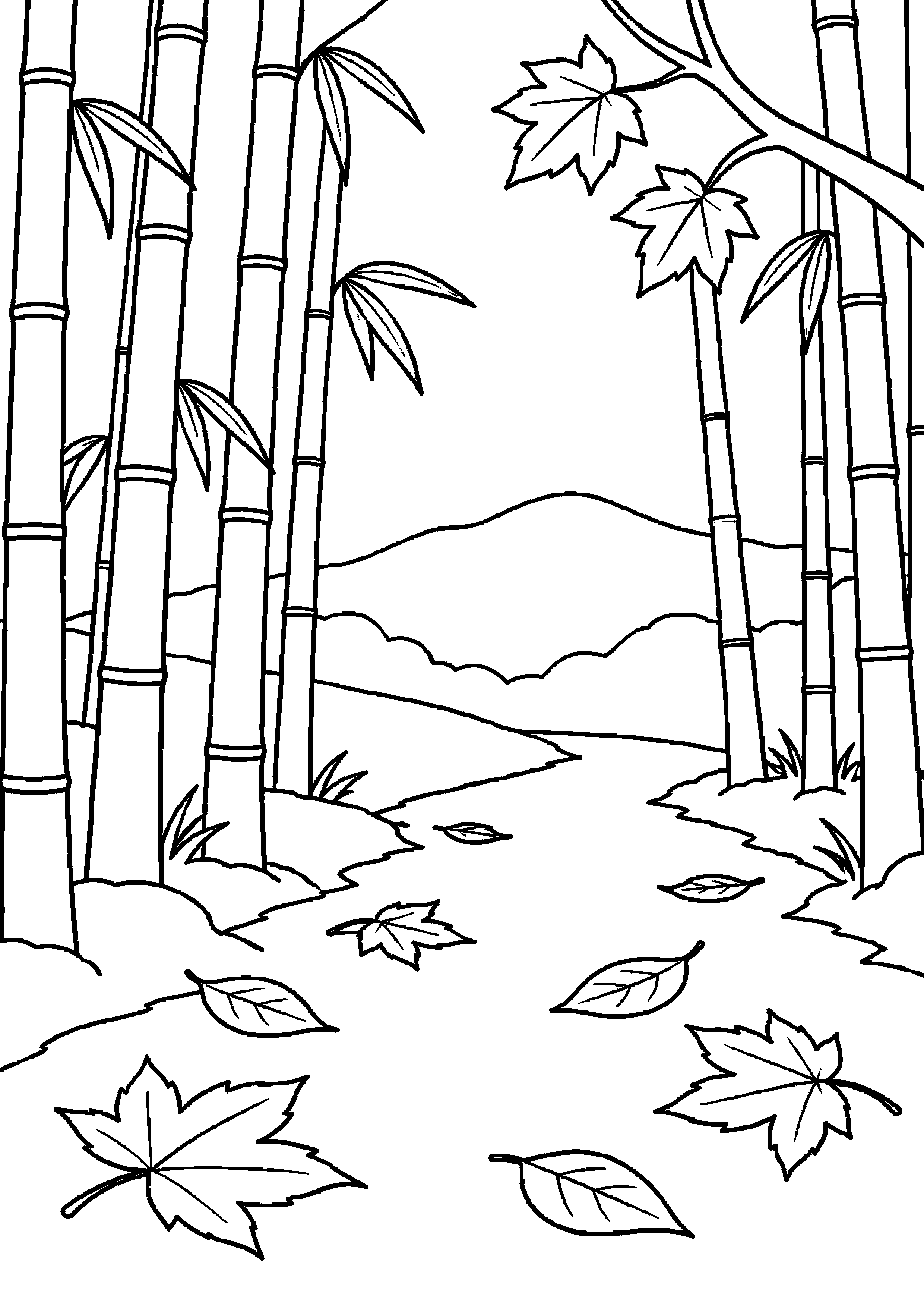 【11月】晩秋の竹林と落ち葉の塗り絵