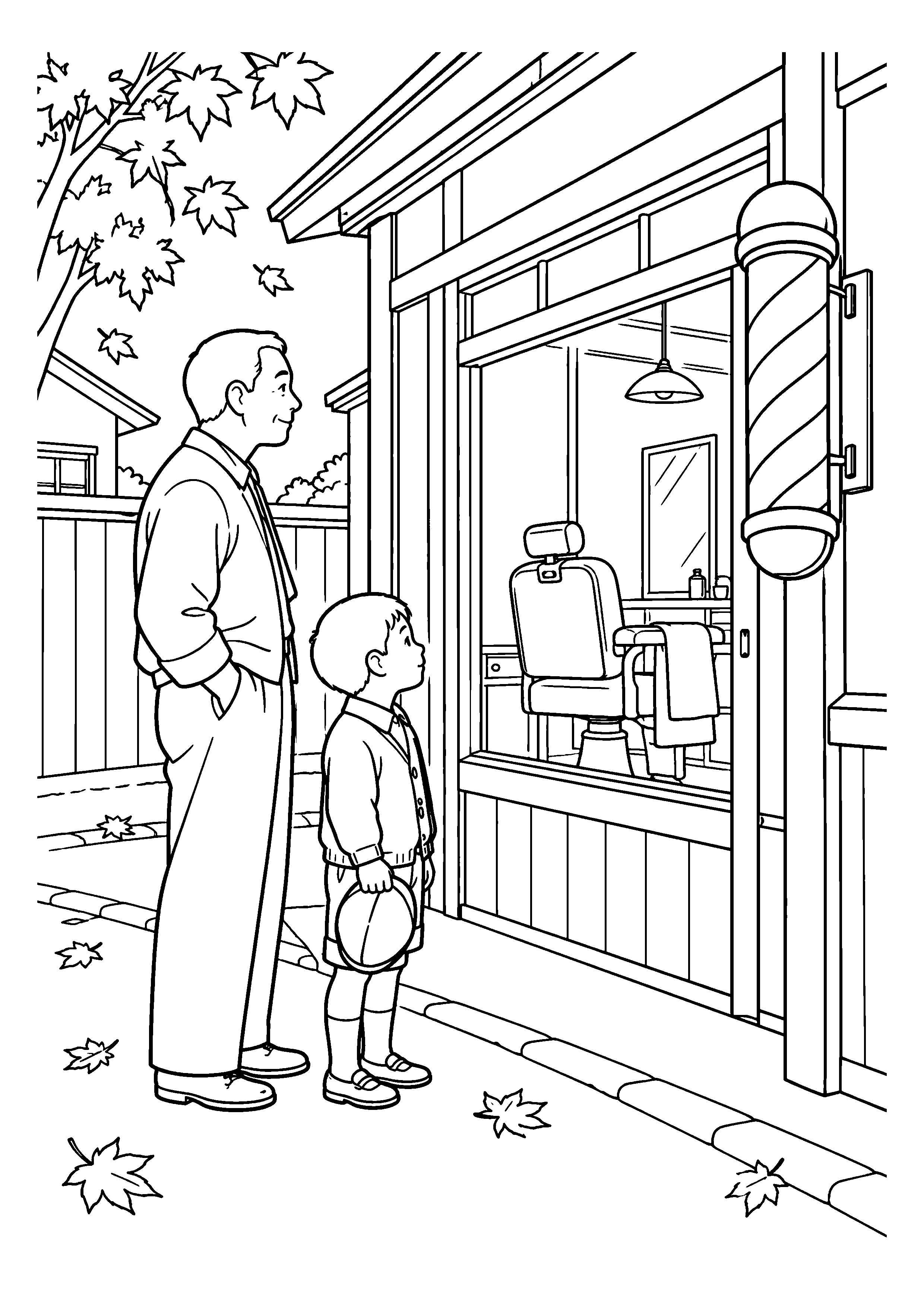 【１１月】床屋の入口で待つ親子の塗り絵