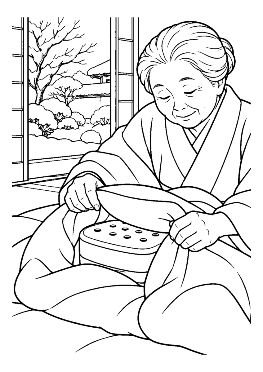 豆炭あんかを厚い布で包む手元。白黒の高齢者向け塗り絵