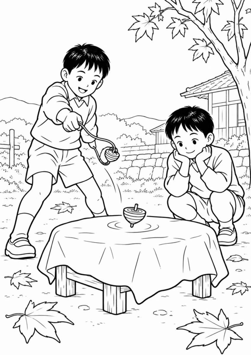 低い台の上に張った布で、一人の子どもがひもを巻いたベーゴマを投げ、もう一人が回るこまを見守っている様子を、太く見やすい黒線で描いた高齢者向け塗り絵