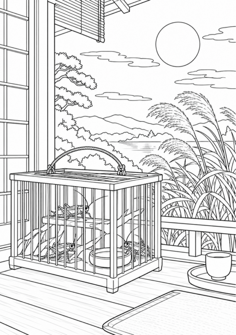 縁側で鳴くスズムシを10月の場面として描いた高齢者向けの白黒線画塗り絵