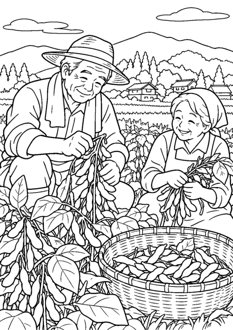 黒大豆の枝豆収穫を10月の場面として描いた高齢者向けの白黒線画塗り絵
