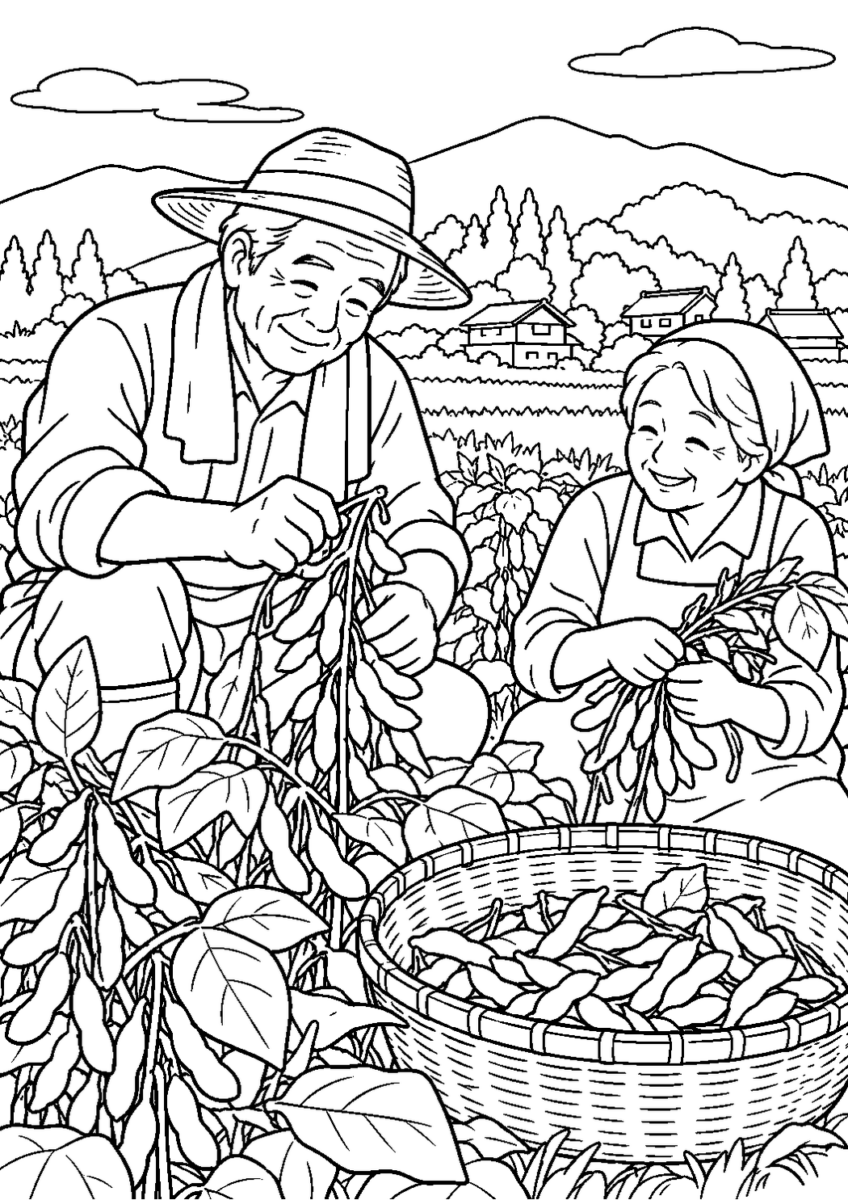 黒大豆の枝豆収穫を10月の場面として描いた高齢者向けの白黒線画塗り絵