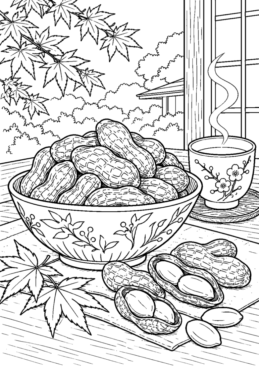 落花生の塩ゆでを10月の場面として描いた高齢者向けの白黒線画塗り絵