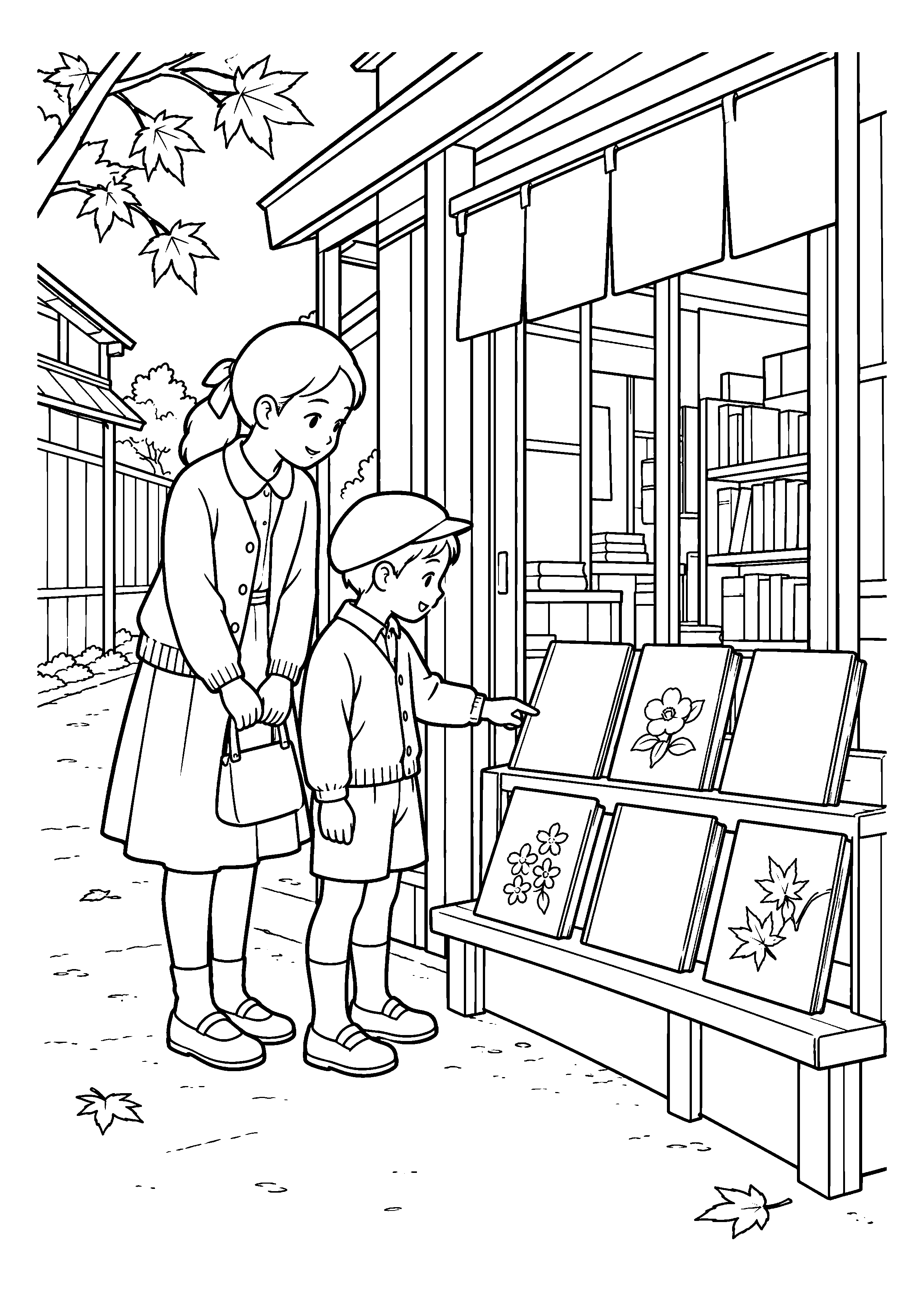 【１１月】本屋の店先に立つ子どもの塗り絵