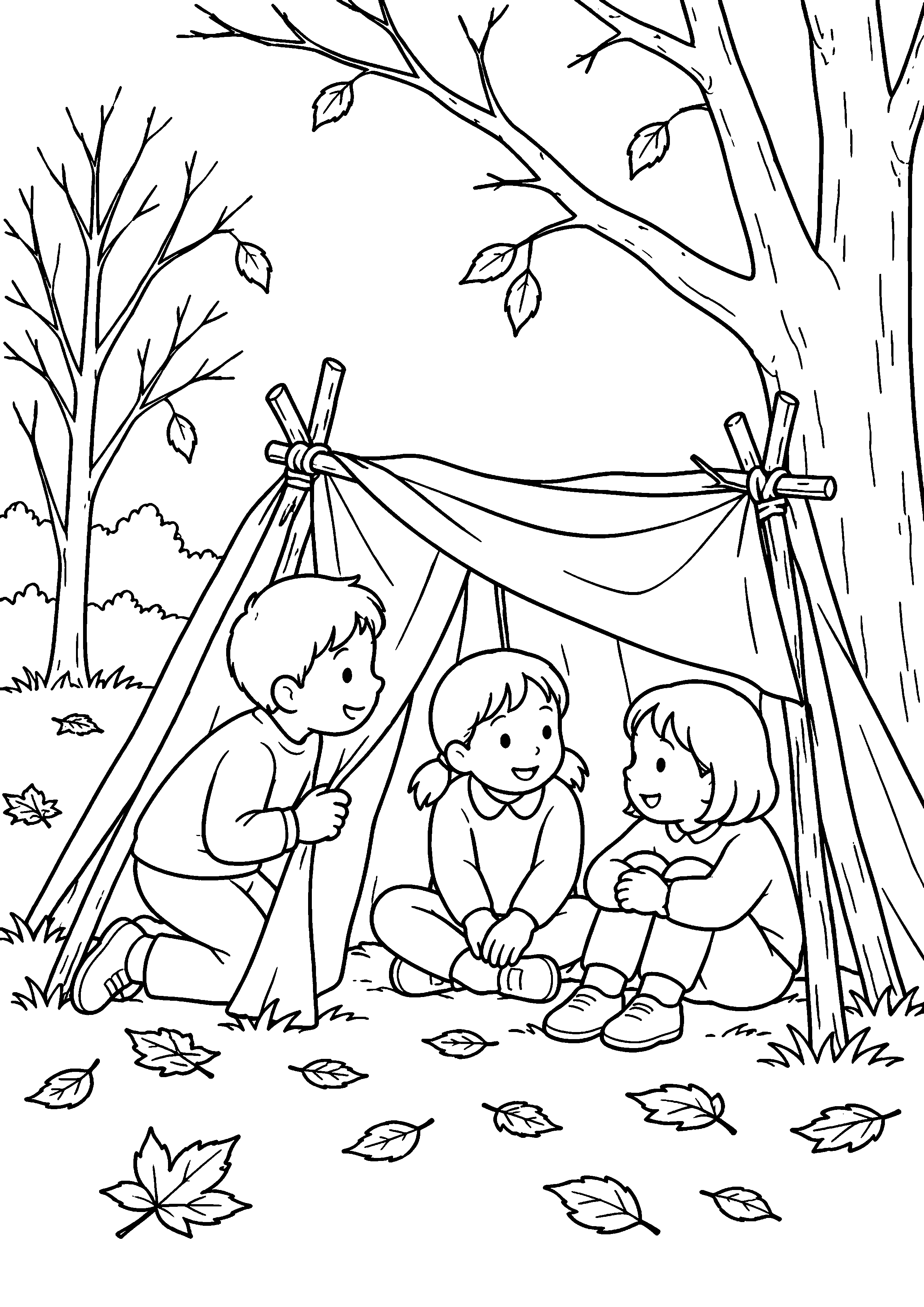 晩秋の雑木林の入口で、三人の子どもが低い枝と布で作った小さな秘密基地に集まっている様子を、太く見やすい黒線で描いた高齢者向け塗り絵