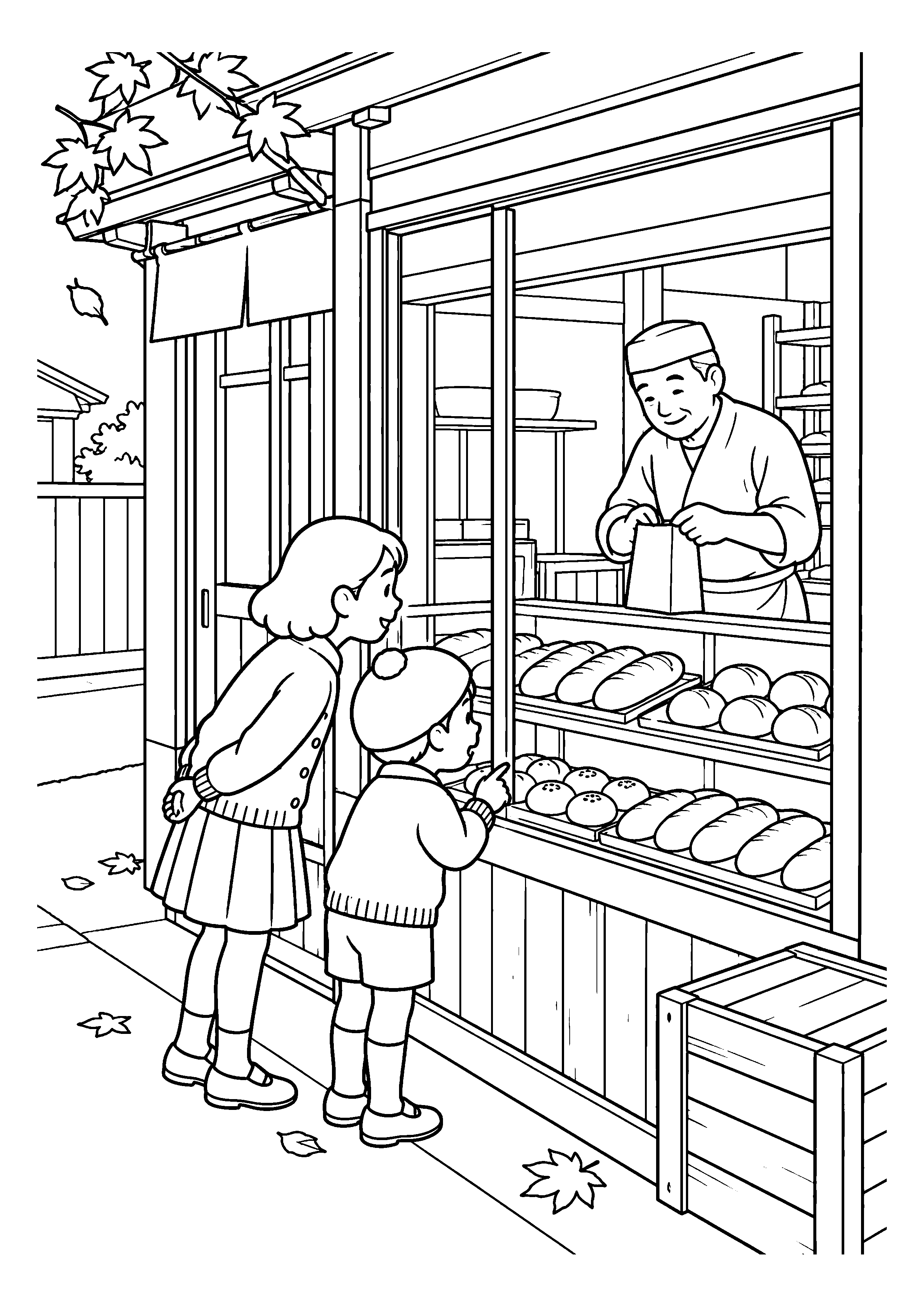 昭和２０年代後半の１１月をイメージしたパン屋の小さな窓の白黒塗り絵