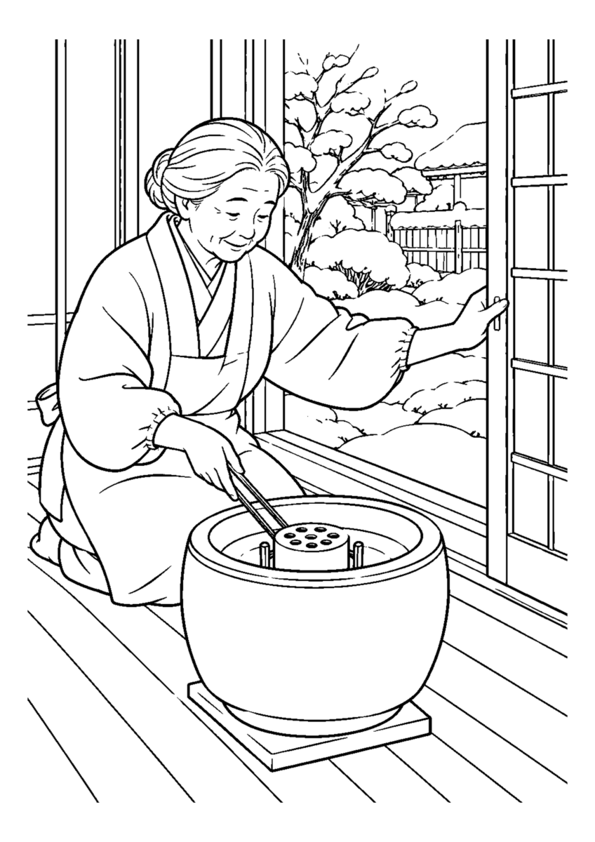 縁側で練炭火鉢を準備し窓を開ける手元。白黒の高齢者向け塗り絵