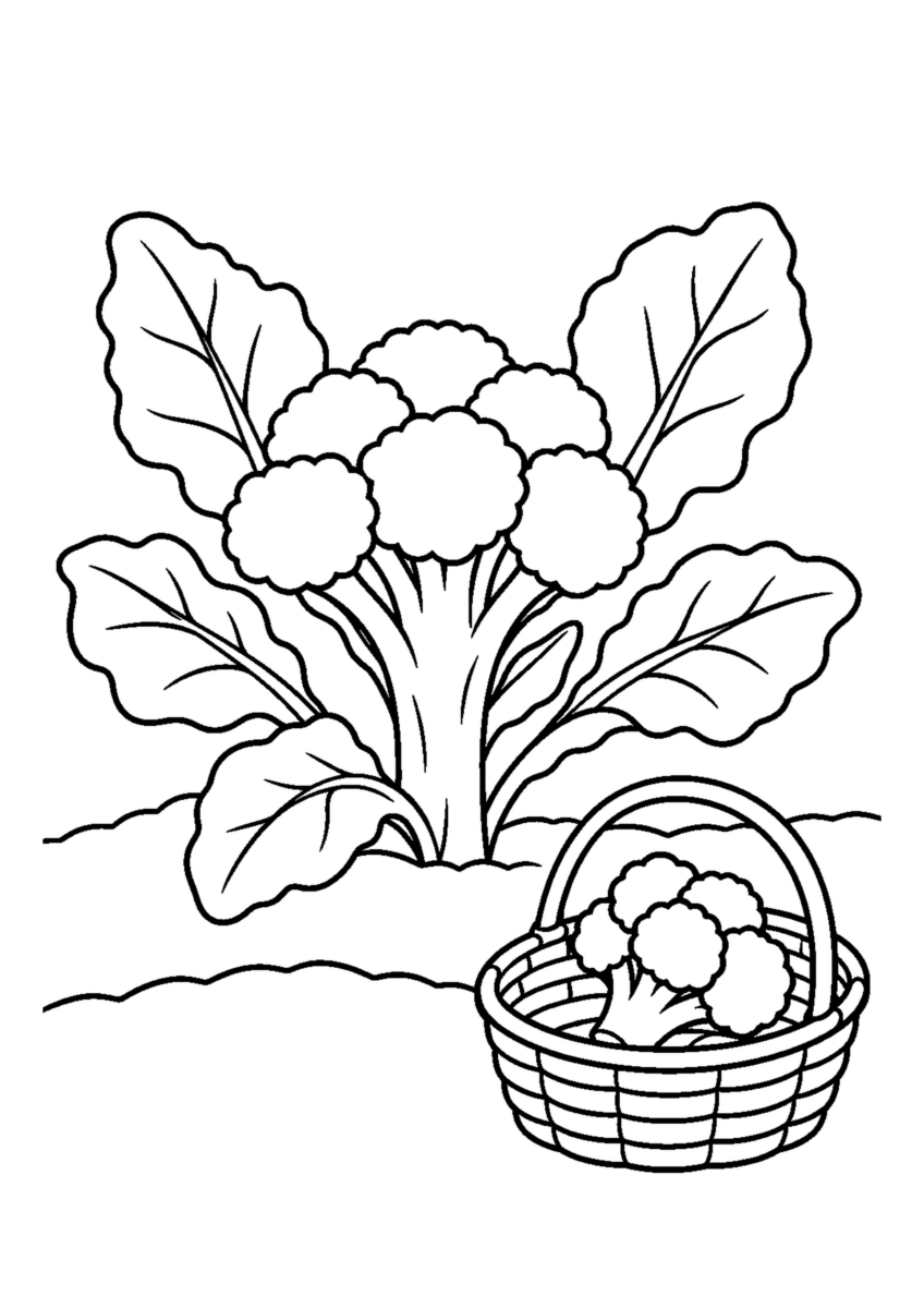 畑の大きなブロッコリー株と、収穫した一株を入れた持ち手付きかごを大きな房で描いた白黒塗り絵