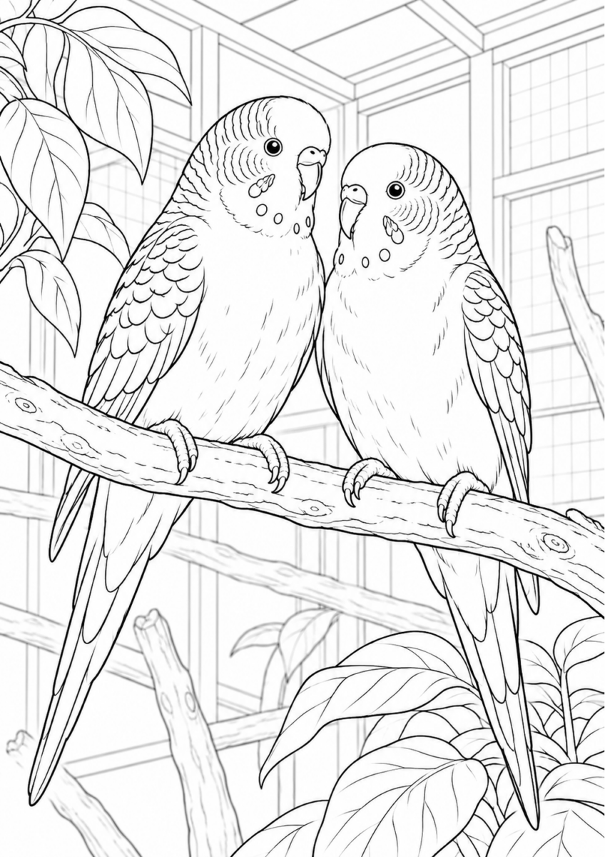 木の枝のセキセイインコを描いた高齢者向けの白黒線画塗り絵