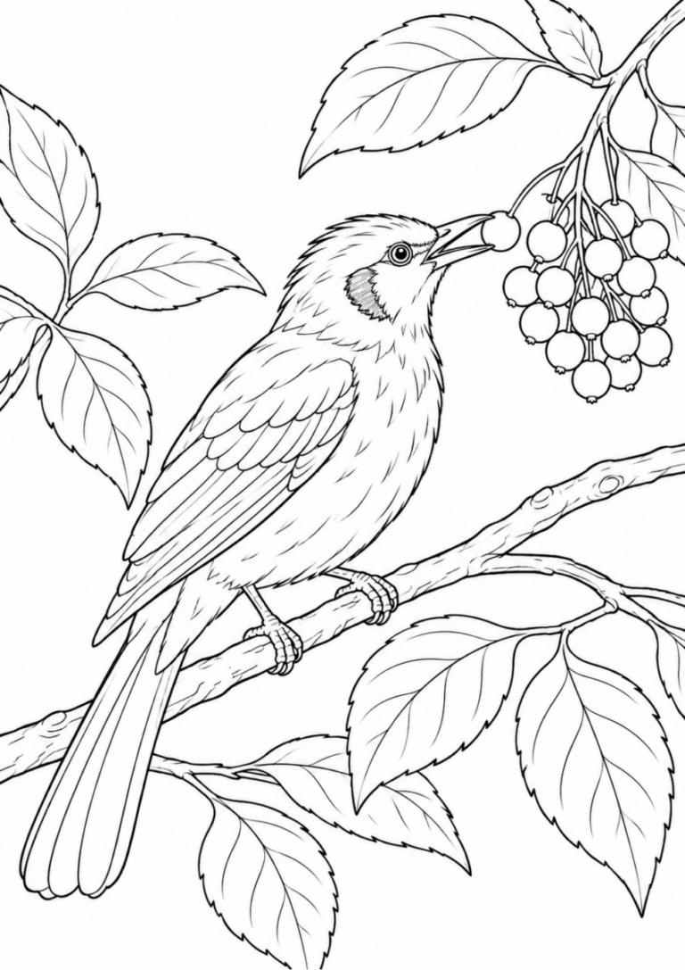 赤い実を食べるヒヨドリを10月の場面として描いた高齢者向けの白黒線画塗り絵