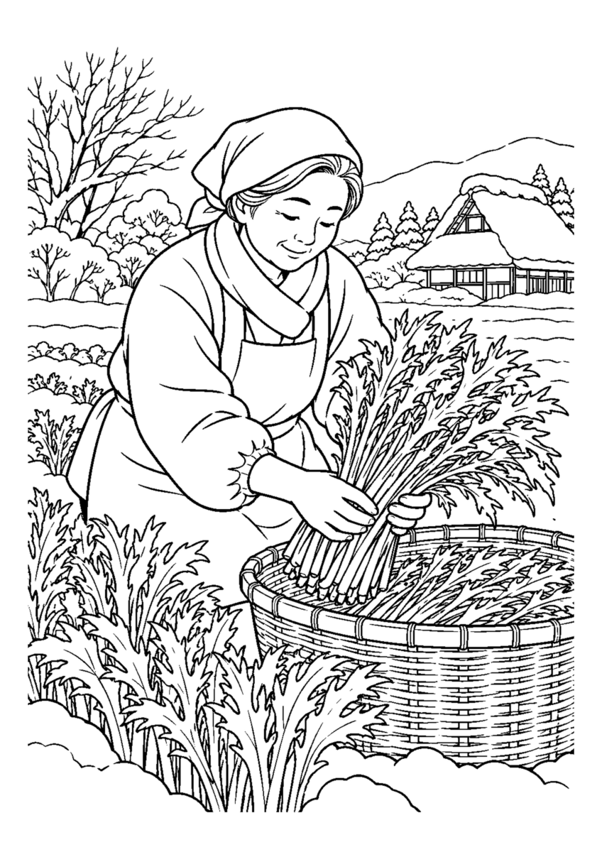 長い水菜を両手で束ね籠へ入れる。白黒の高齢者向け塗り絵