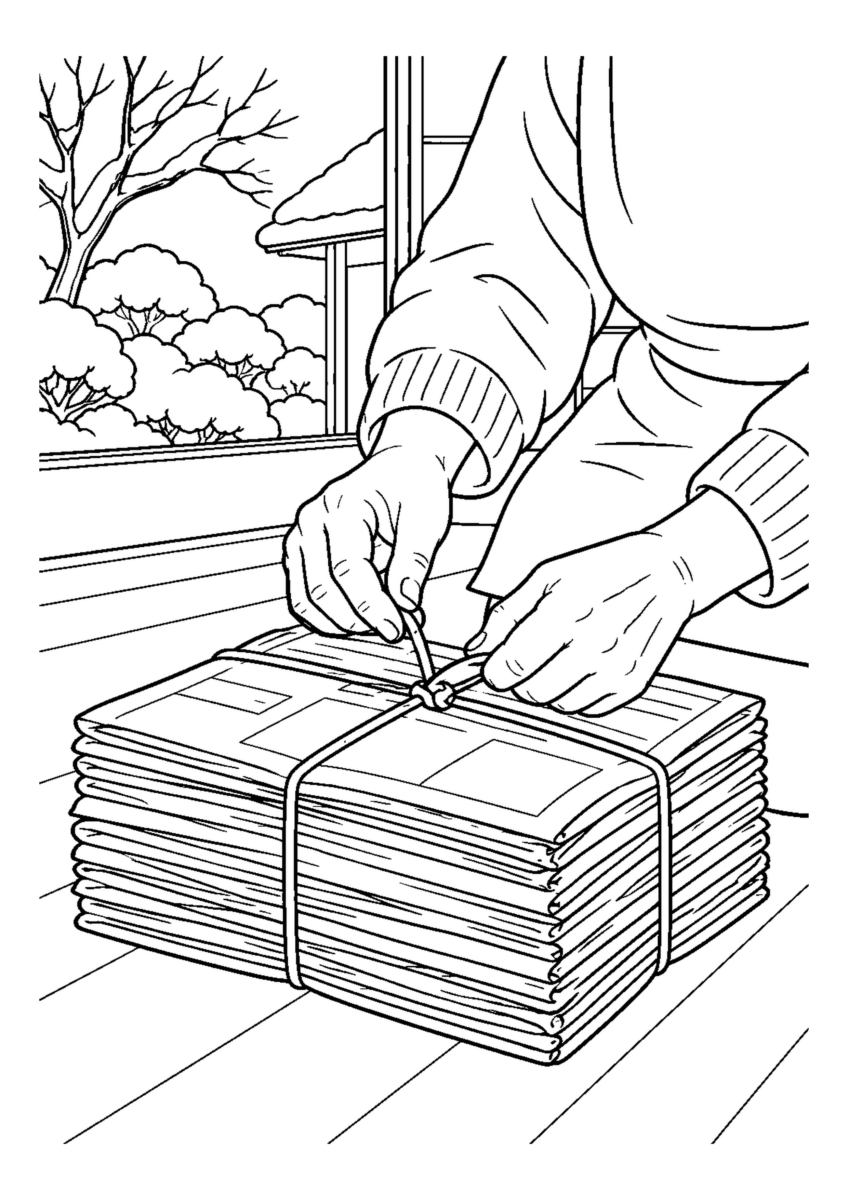 【１２月】古新聞を束ねるの塗り絵