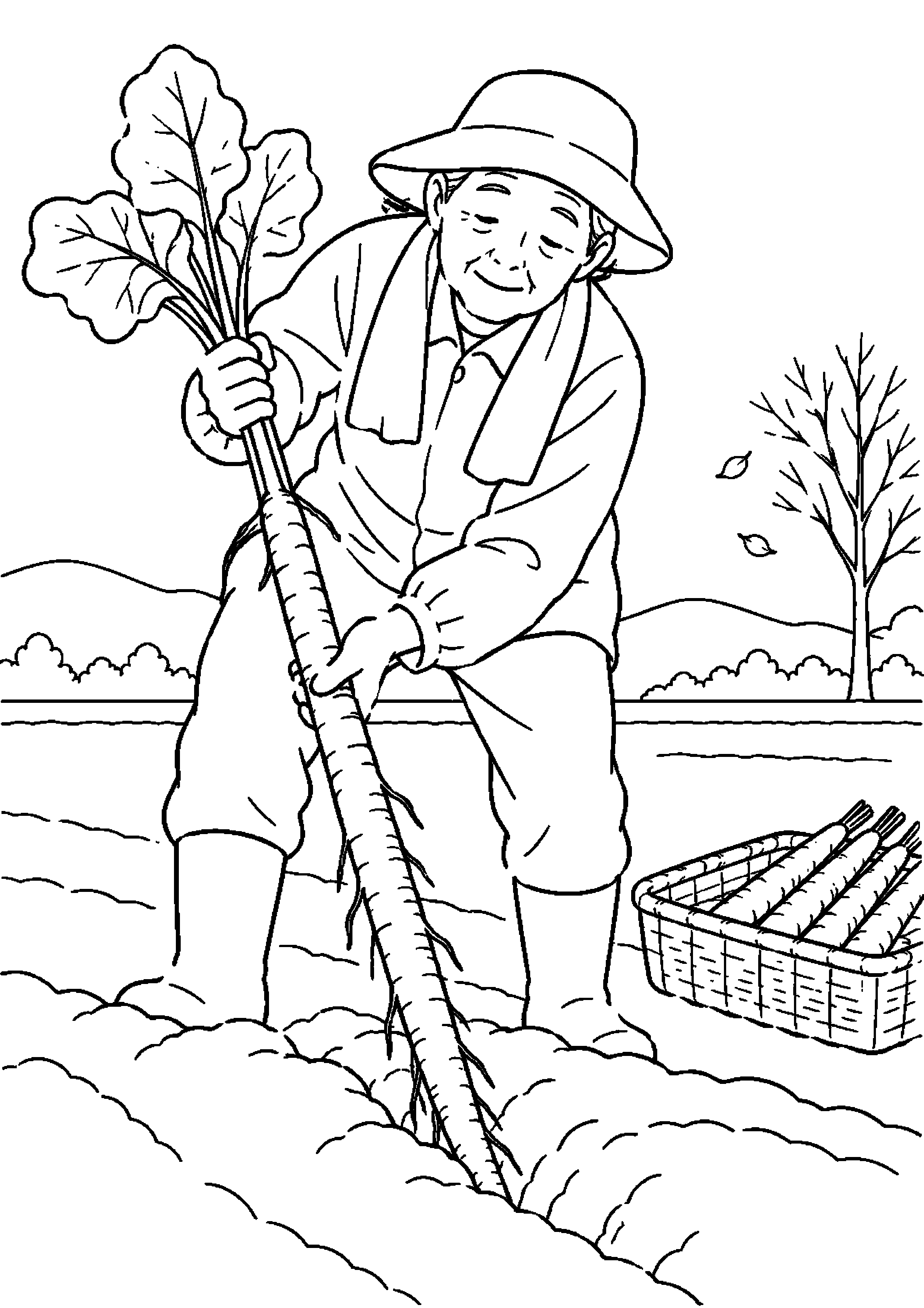 深い土から長いごぼうを慎重に掘り出す高齢者向けの白黒塗り絵