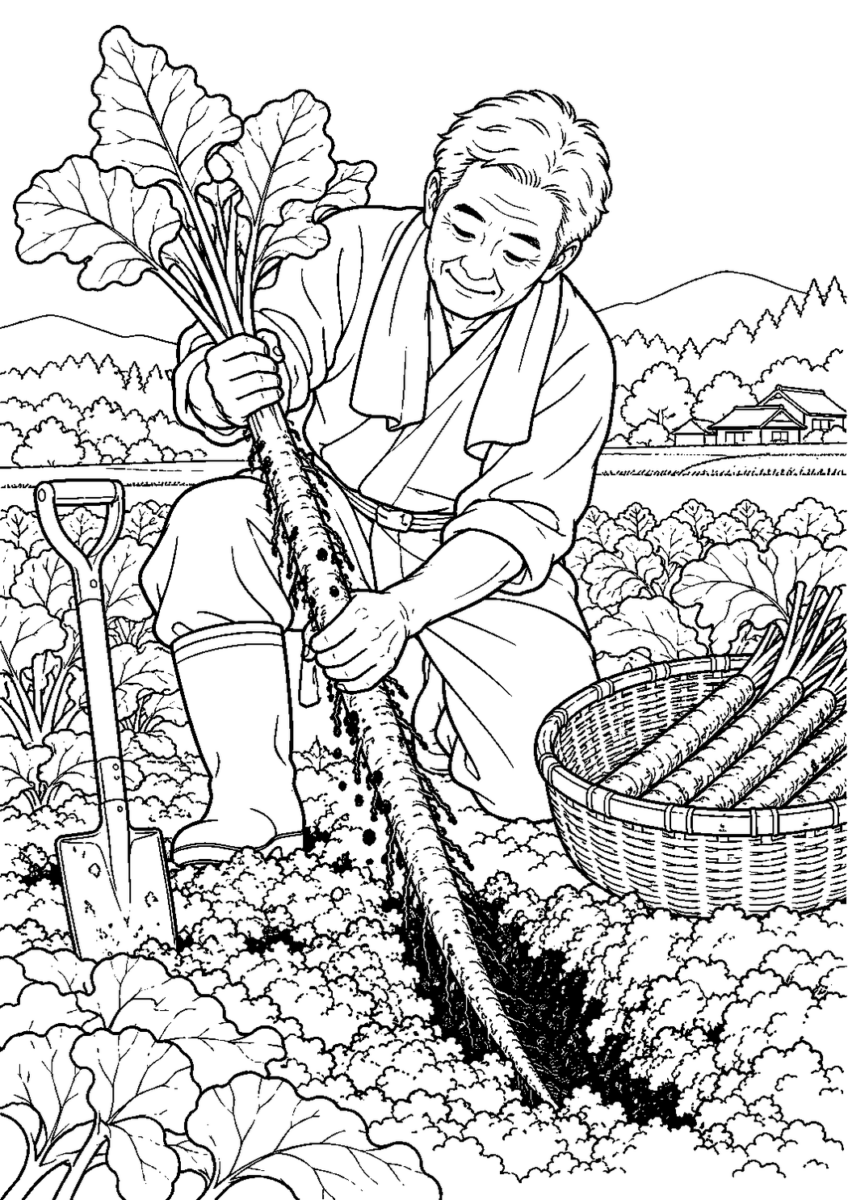ごぼう掘りを10月の場面として描いた高齢者向けの白黒線画塗り絵