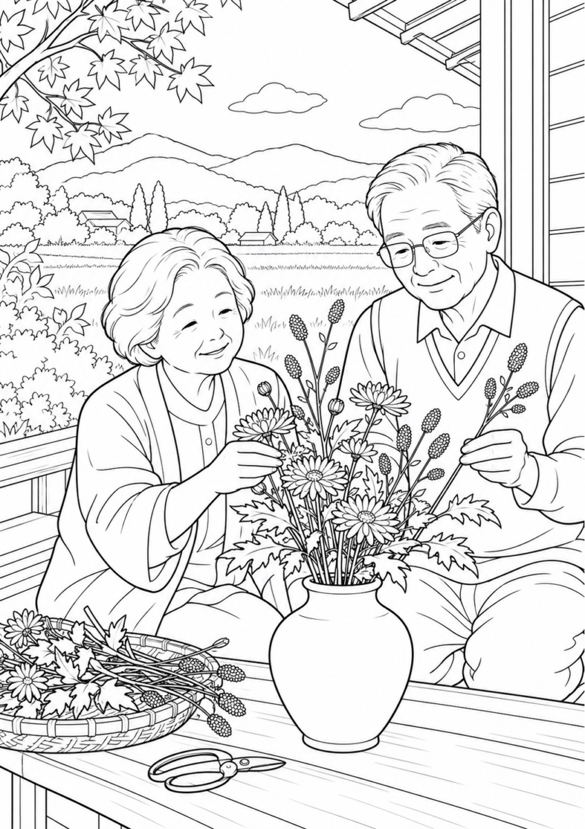 ワレモコウと野菊を10月の場面として描いた高齢者向けの白黒線画塗り絵