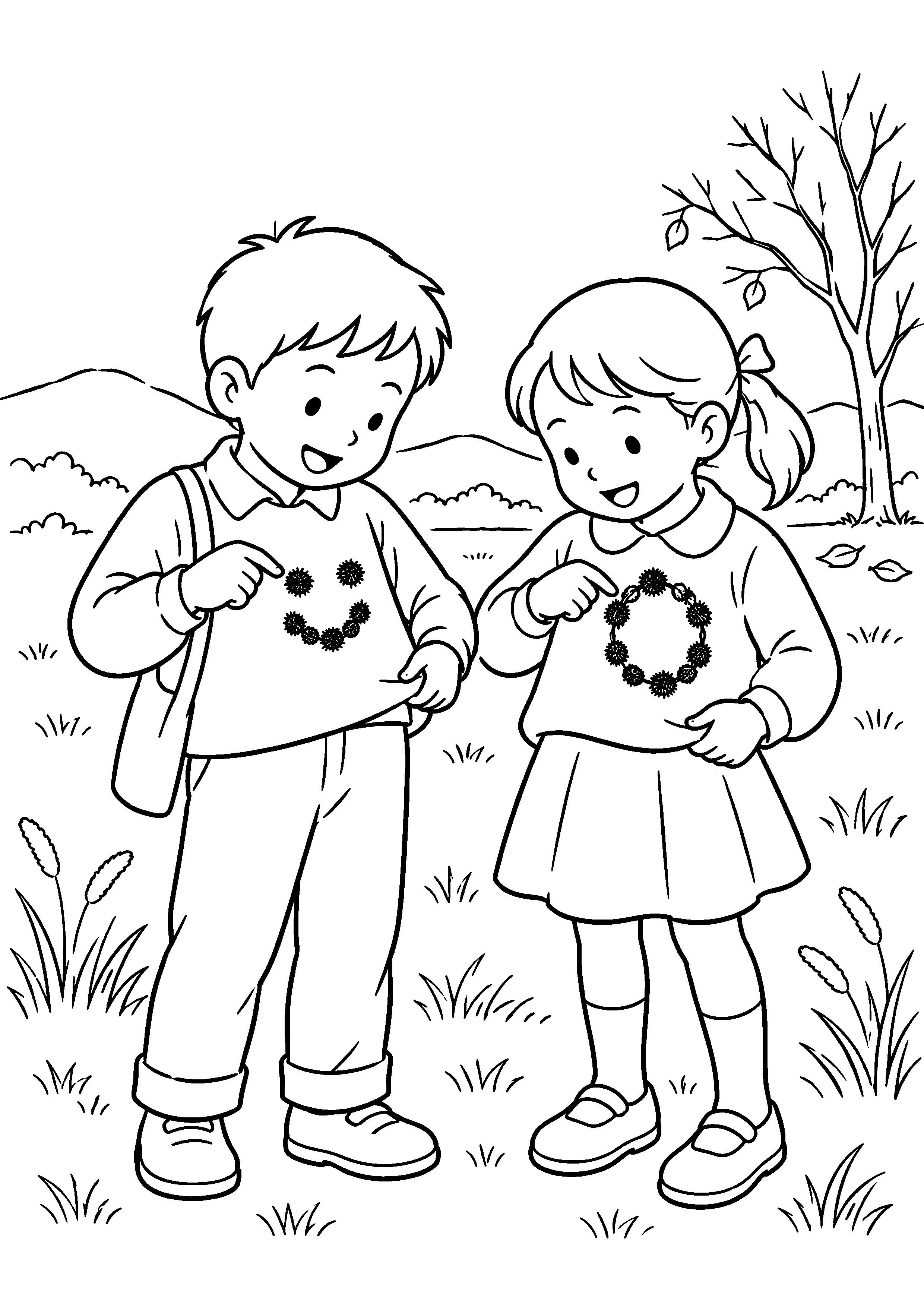 晩秋の野原で、二人の子どもが服についた草の実を見せ合い、丸や顔の形に並べている様子を、太く見やすい黒線で描いた高齢者向け塗り絵