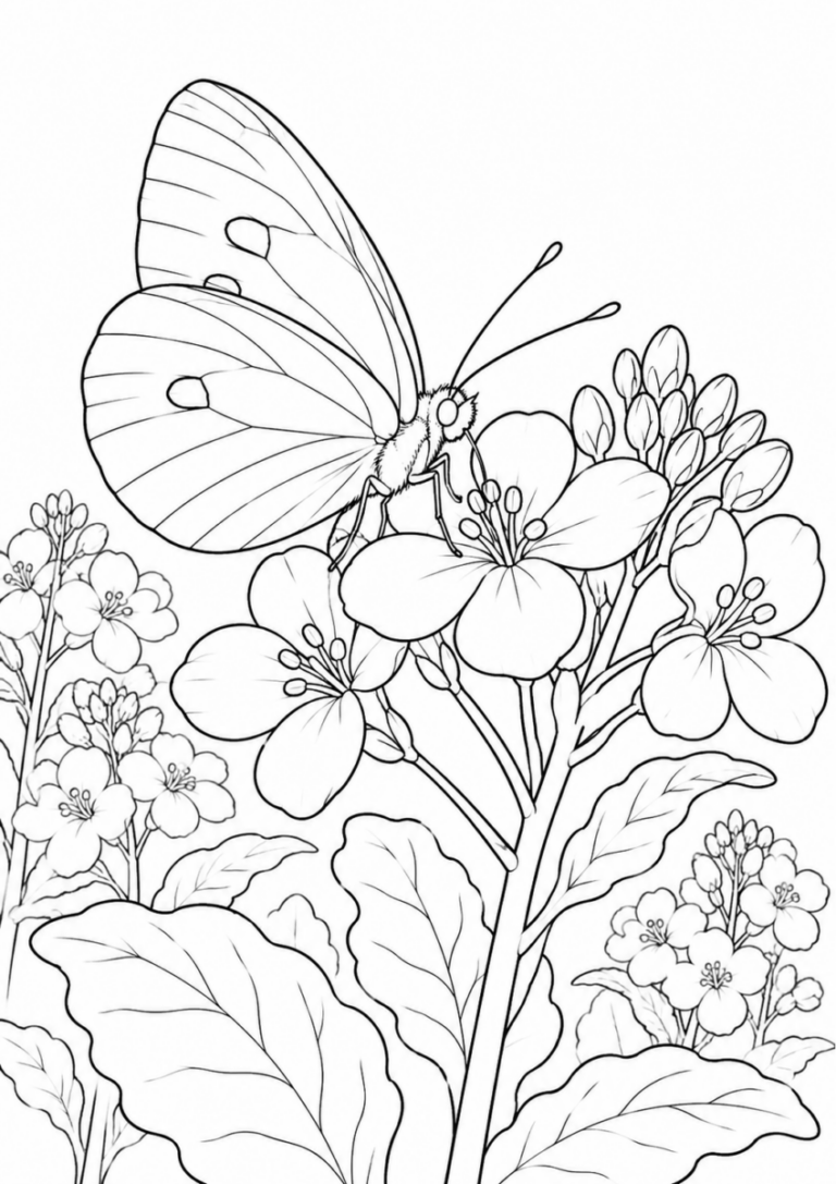 菜の花とモンシロチョウを描いた高齢者向けの白黒線画塗り絵