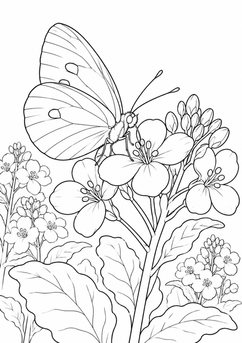 菜の花とモンシロチョウを描いた高齢者向けの白黒線画塗り絵