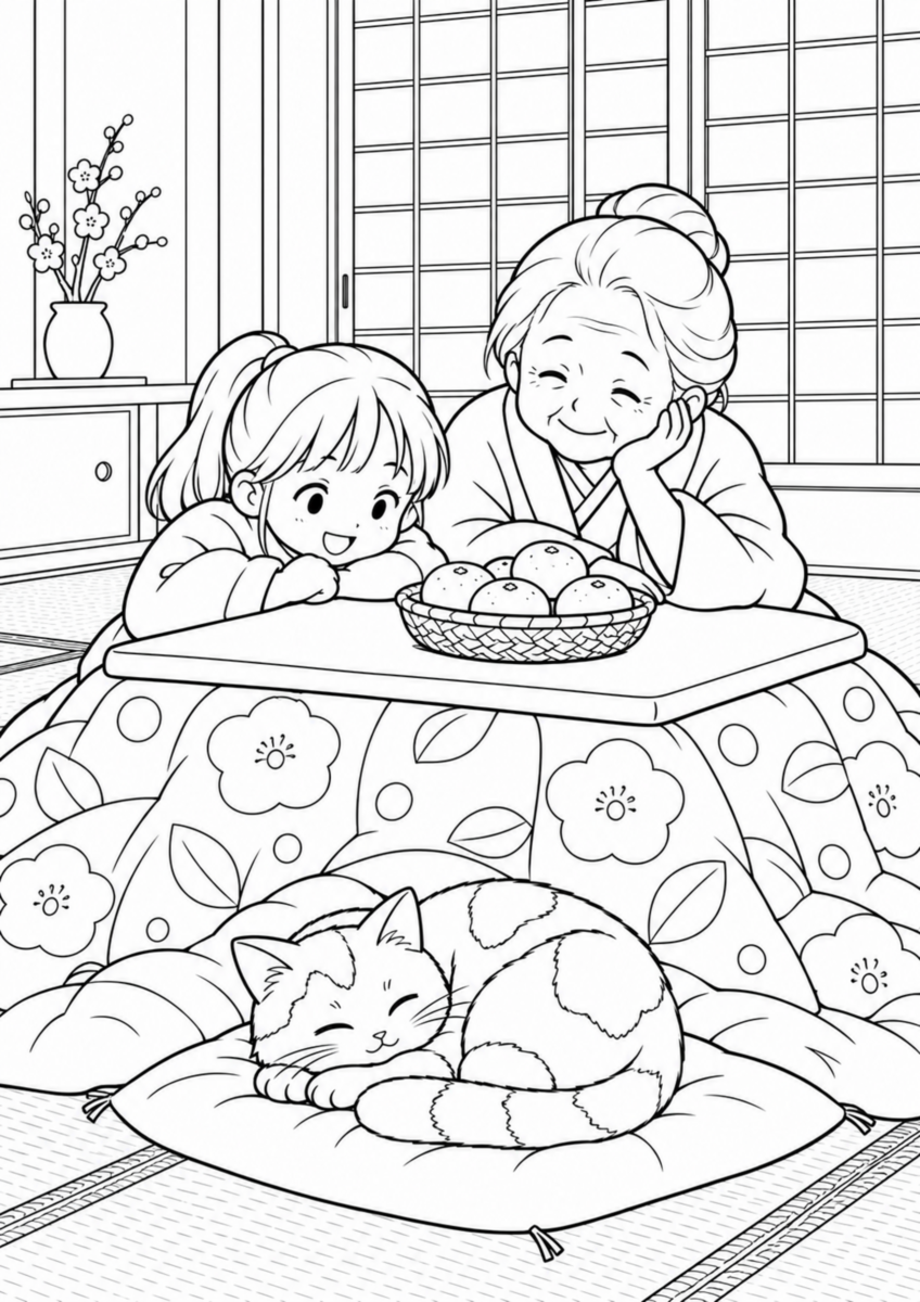 【生き物】こたつの三毛猫の塗り絵