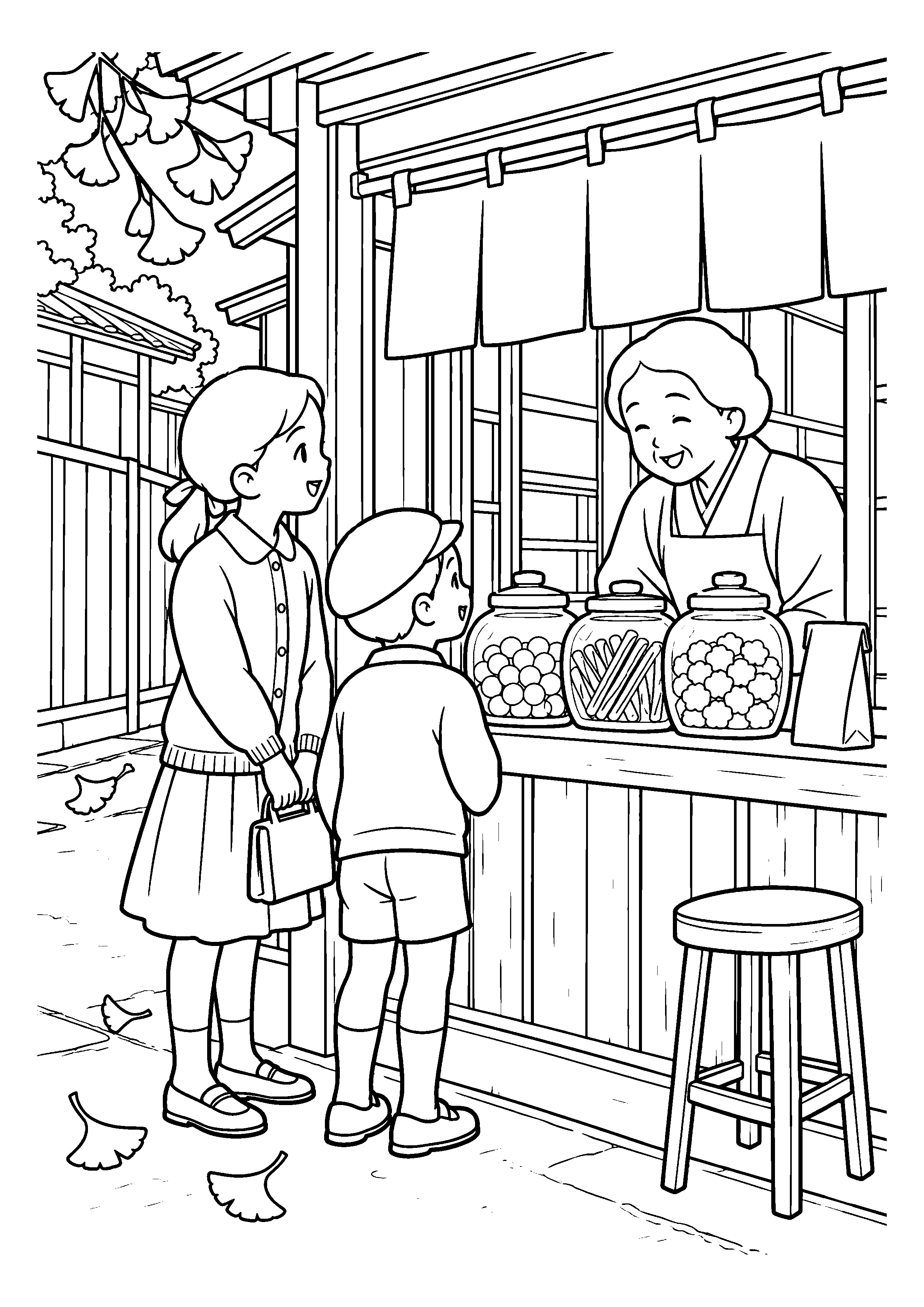 昭和２０年代後半の１１月をイメージした駄菓子屋のガラスびんの白黒塗り絵