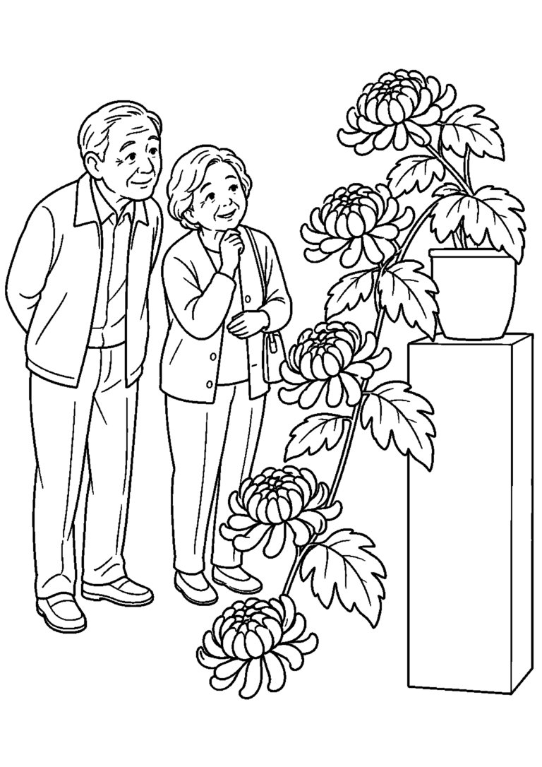崖から流れるように仕立てた懸崖菊を大きく描く高齢者向けの白黒塗り絵