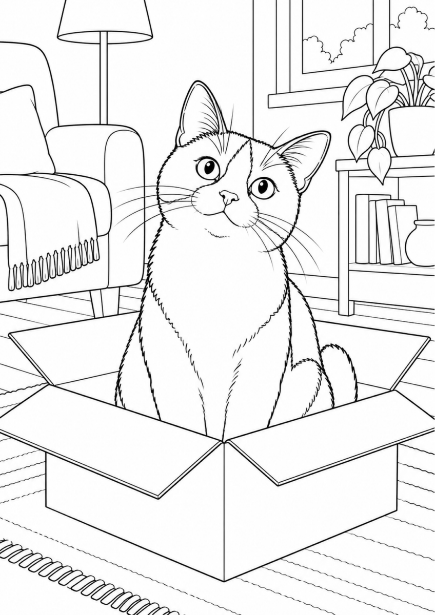 段ボール箱に入る猫を描いた高齢者向けの白黒線画塗り絵