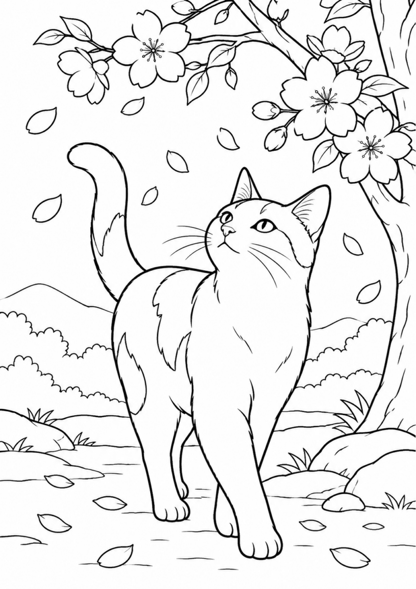 桜の木の下を歩く猫を描いた高齢者向けの白黒線画塗り絵