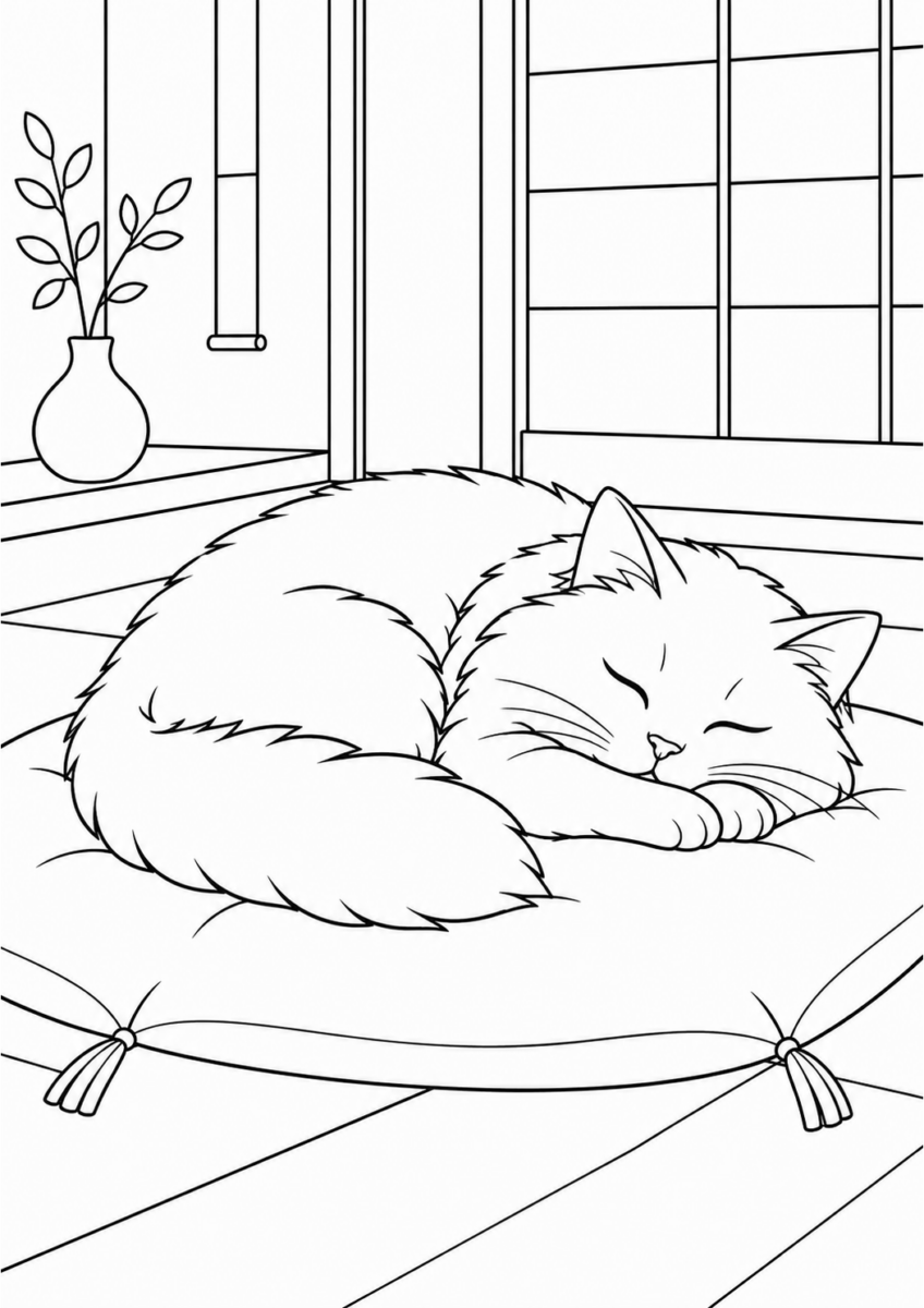 座布団で眠る猫を描いた高齢者向けの白黒線画塗り絵