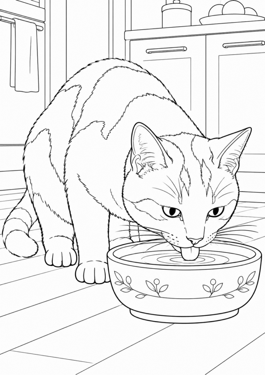 水を飲む猫を描いた高齢者向けの白黒線画塗り絵