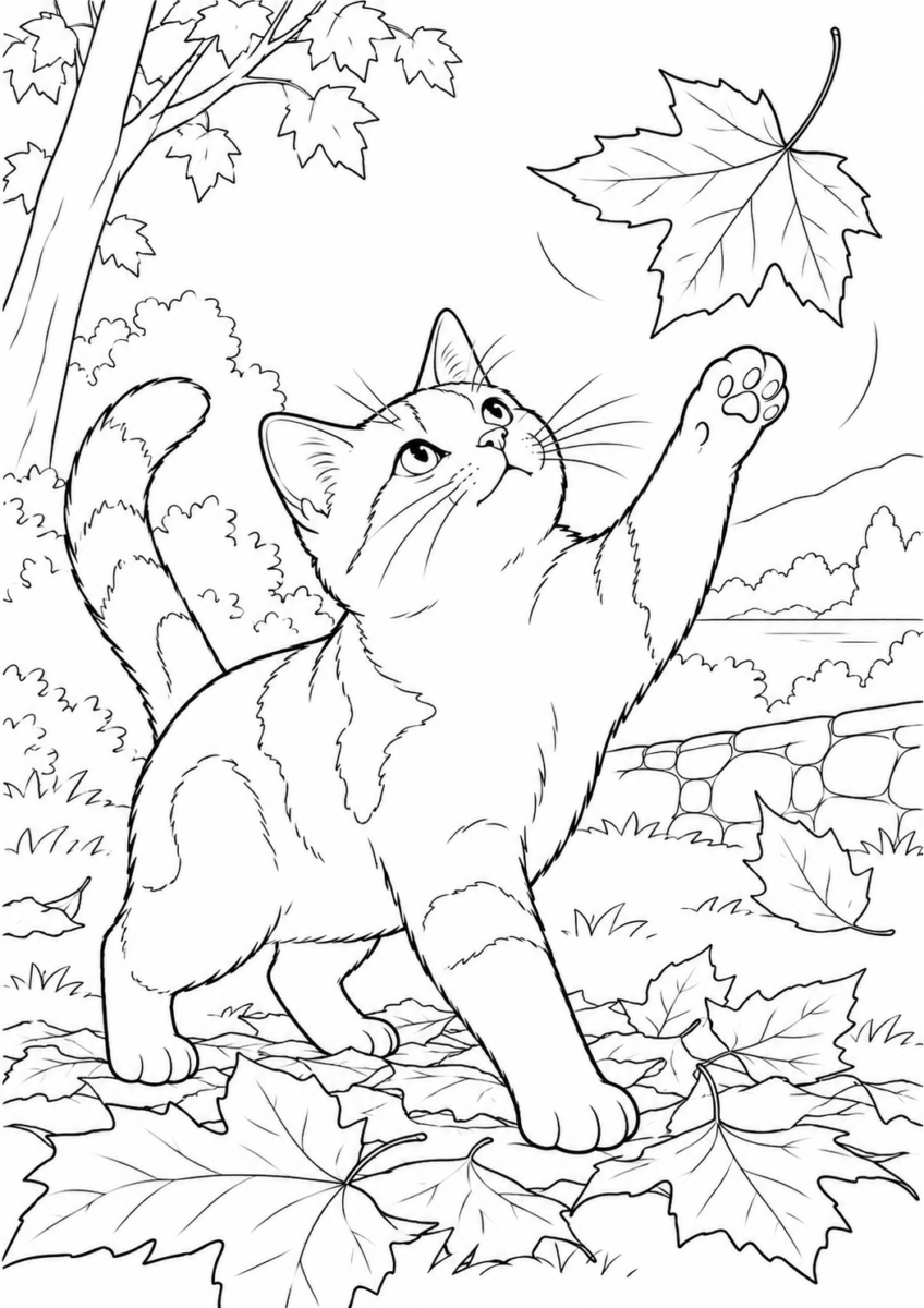 落ち葉と遊ぶ猫を描いた高齢者向けの白黒線画塗り絵